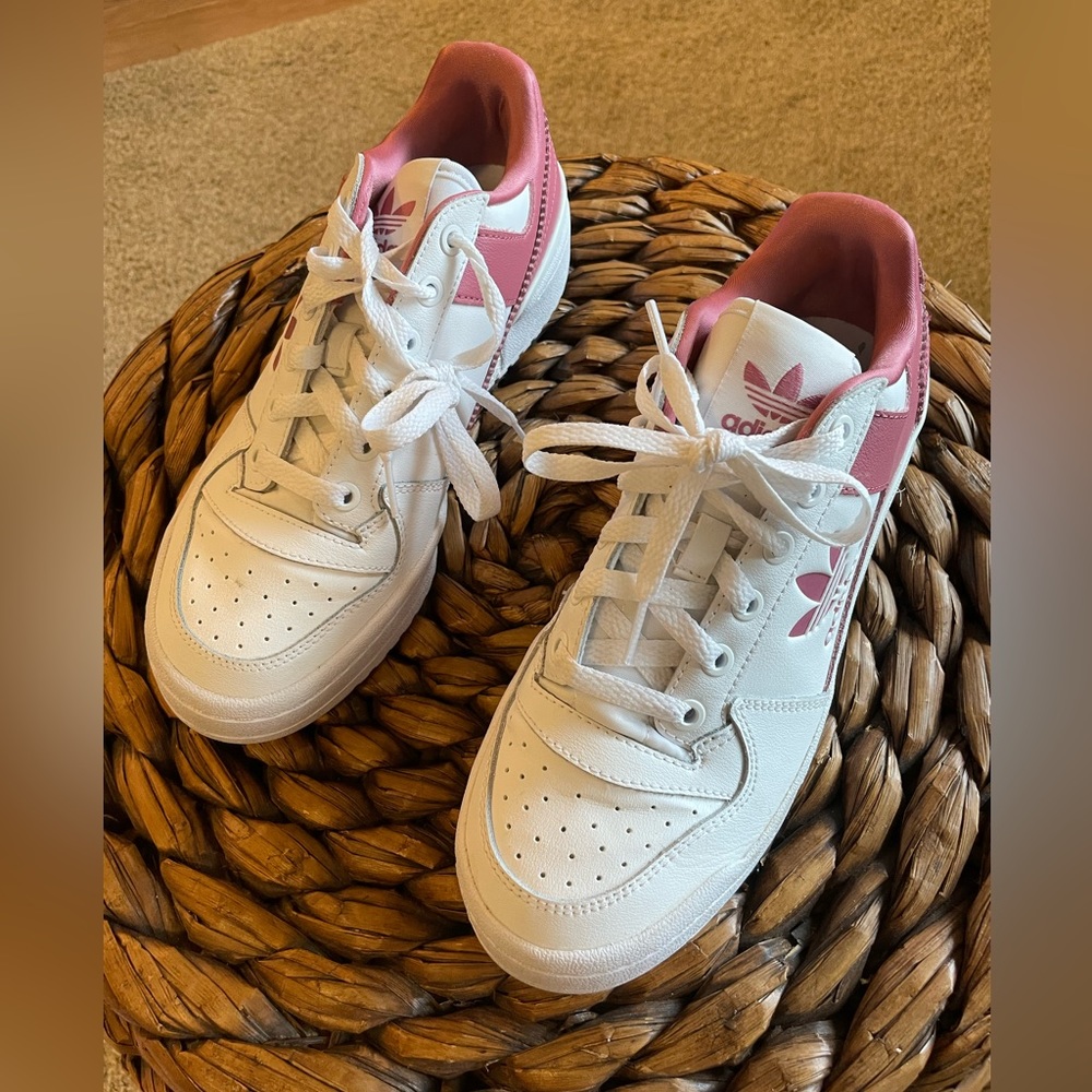 White and pink adidas barley worn